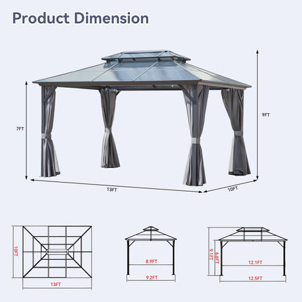 Outdoor Hardtop Gazebo with Double-Tier Polycarbonate Roof