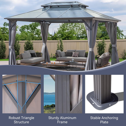 Outdoor Hardtop Gazebo with Double-Tier Polycarbonate Roof